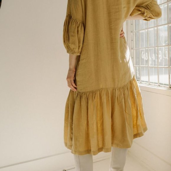 Black Crane Pure Linen Puff Dress - Picture 2 of 7